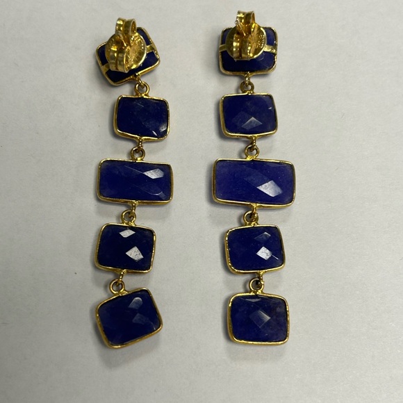 Yellow Sterling Silver Blue Agate CZ Stone Drop Earrings Sample - Picture 2 of 4
